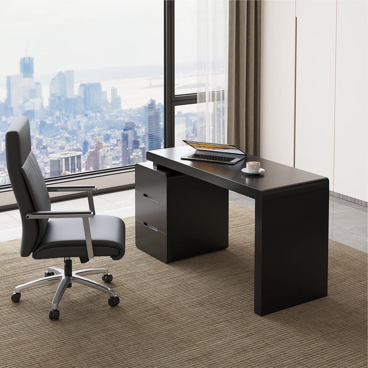Mular 47" Rectangular Black Desk with 3 Drawers