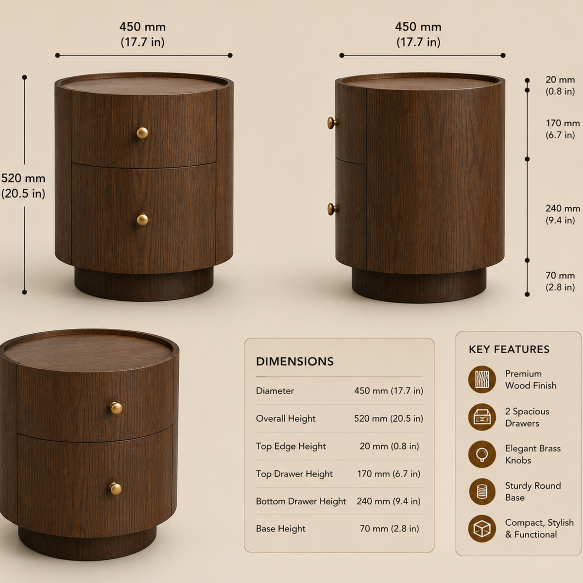 Luna Round 2-Drawer Nightstand