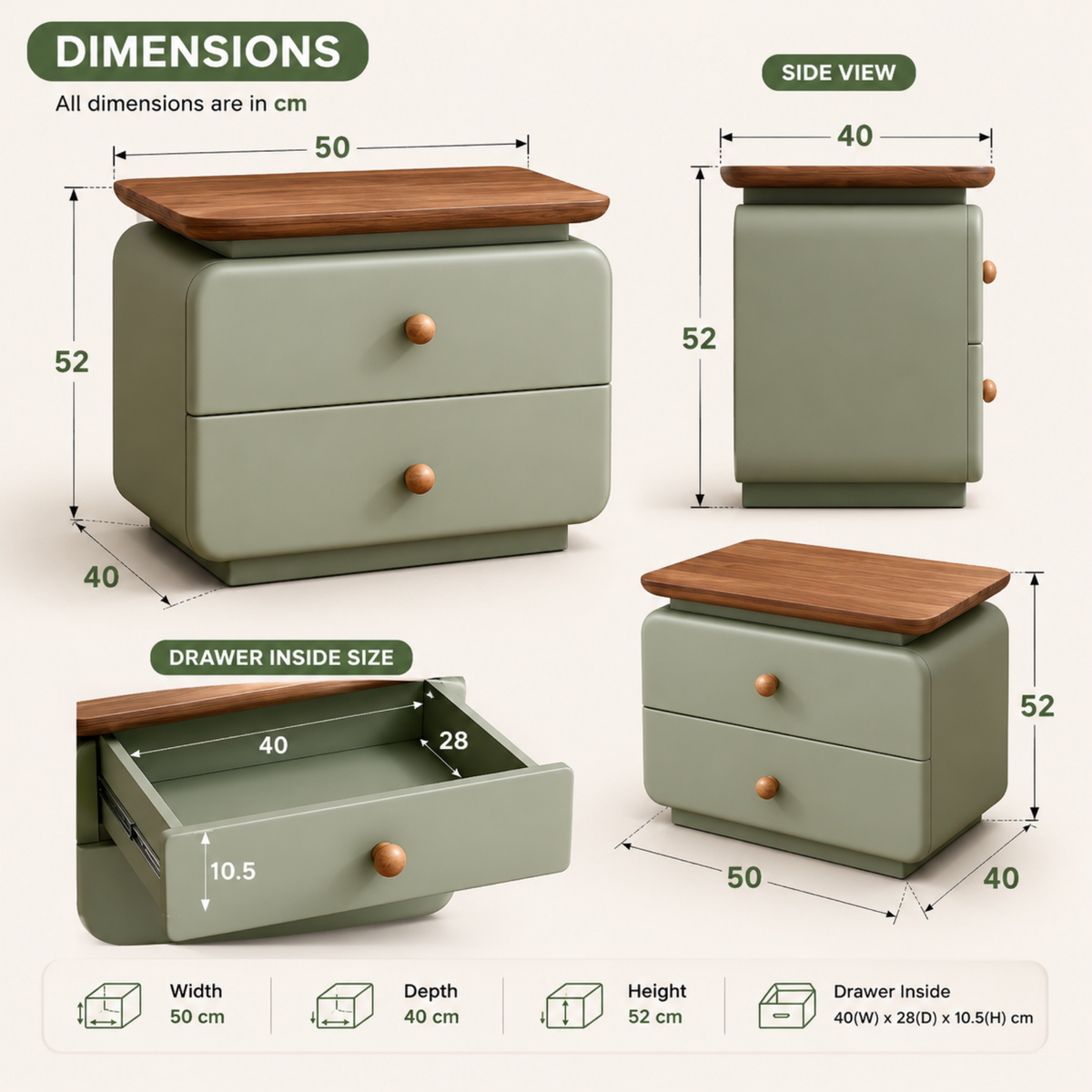 SageCurve Bedside Table