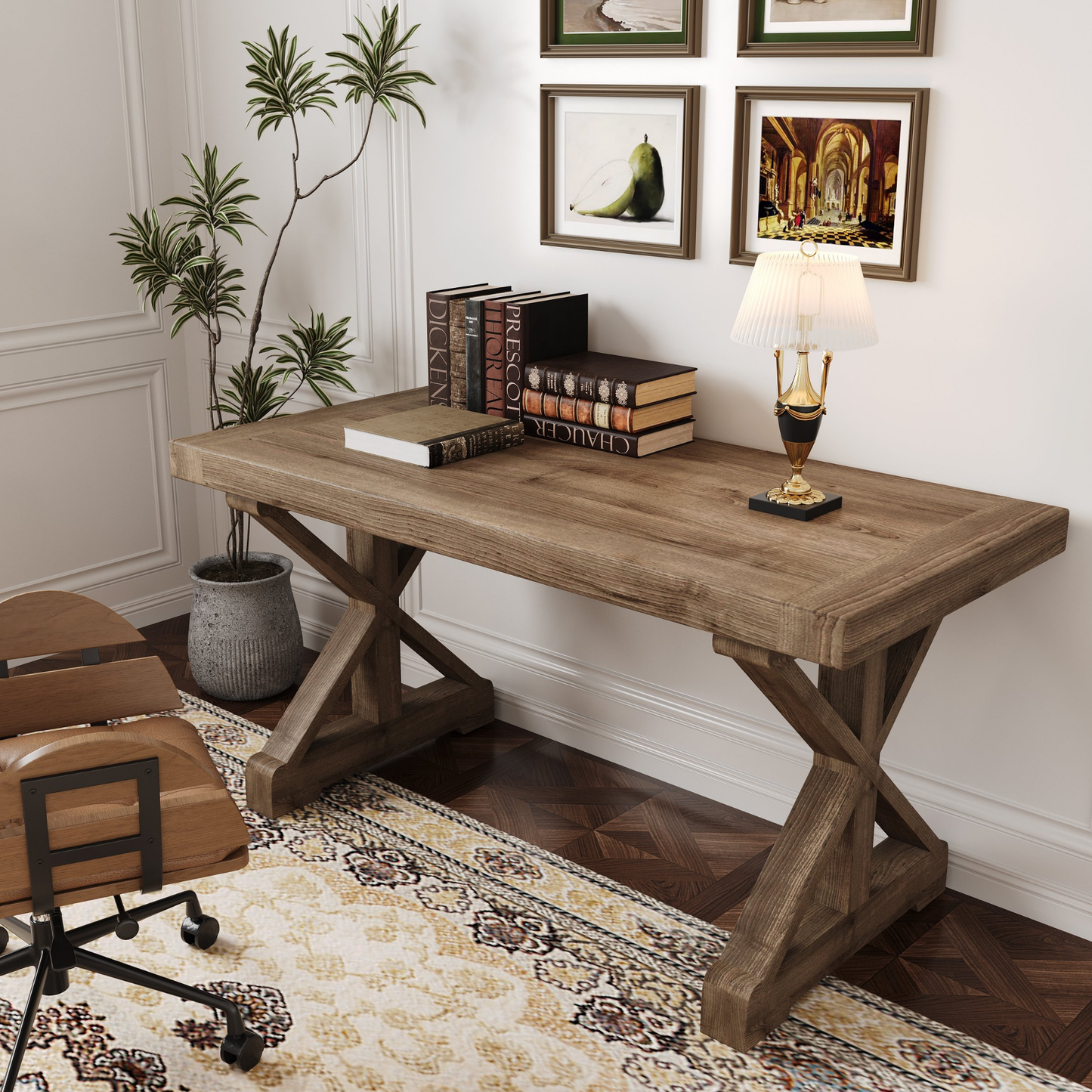 Modern Farmhouse 59" Walnut Pine Wood Desk