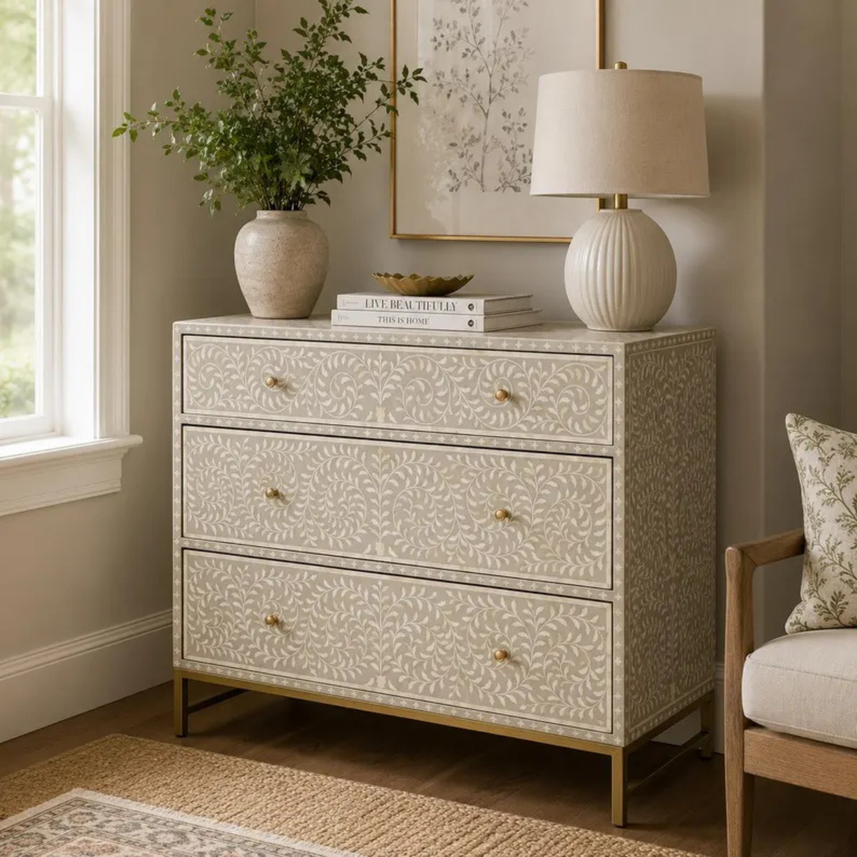 Ivory Bloom Bone Inlay 3-Drawer Chest