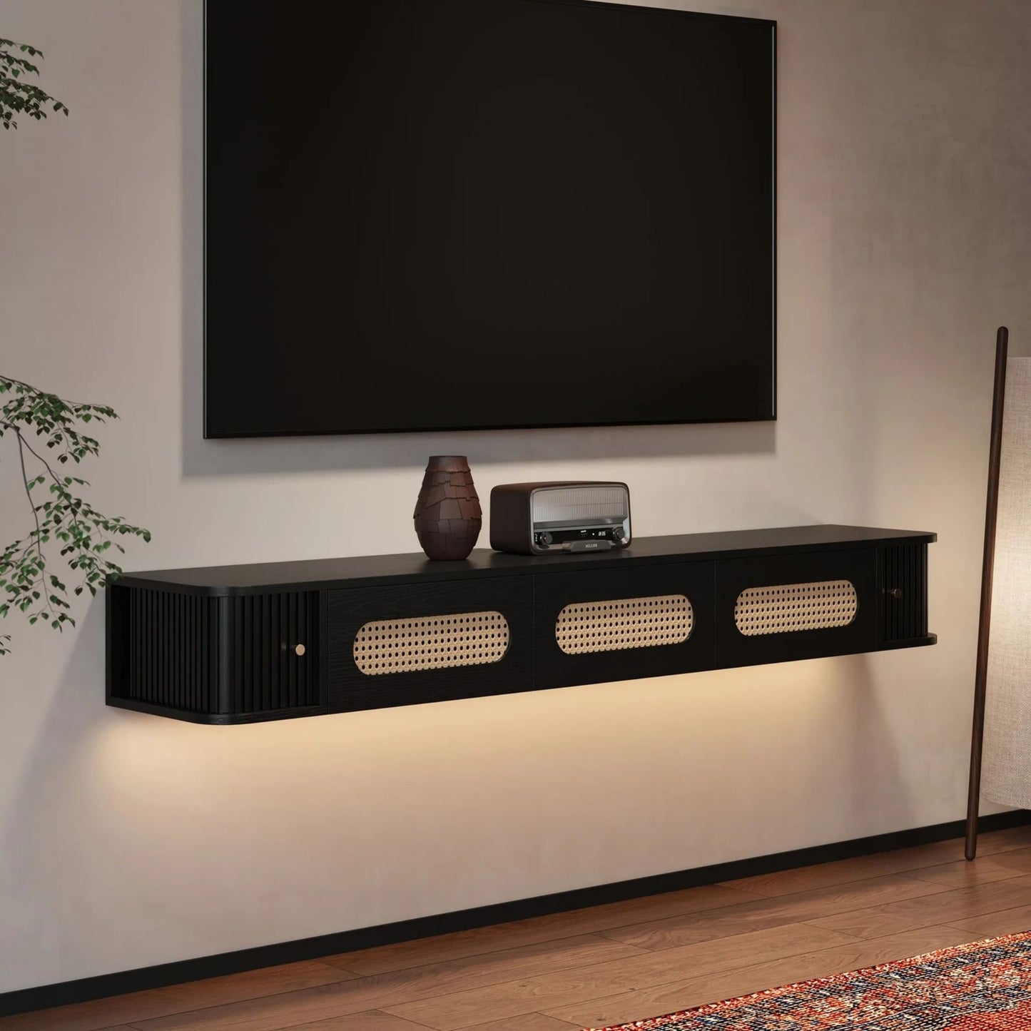 Modern Floating TV Stand with Rattan Accents