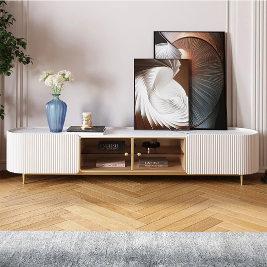 Modern Fluted TV Stand with Glass Display Storage