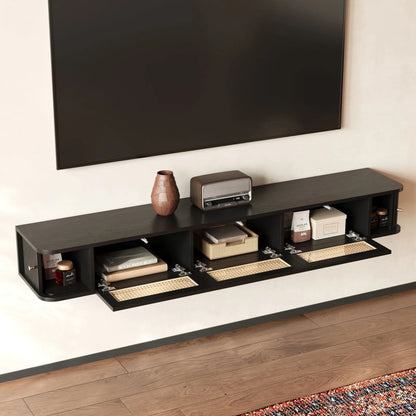 Modern Floating TV Stand with Rattan Accents