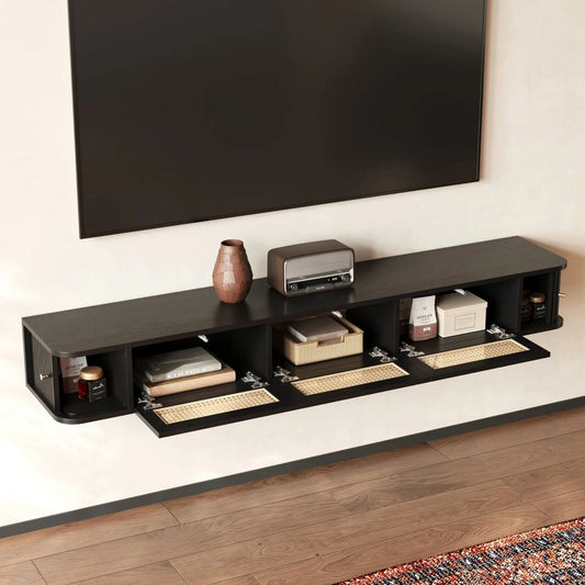 Modern Floating TV Stand with Rattan Accents