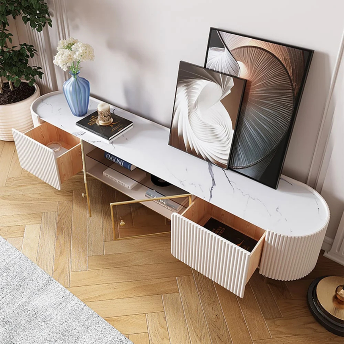 Modern Fluted TV Stand with Glass Display Storage