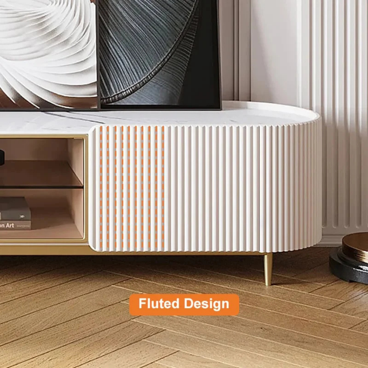 Modern Fluted TV Stand with Glass Display Storage