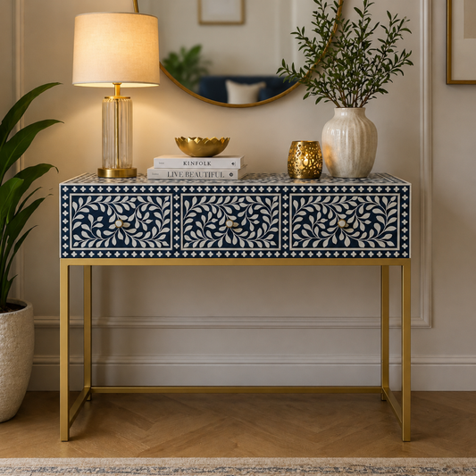 Azure Vine Bone Inlay Console Table with Gold Metal Base