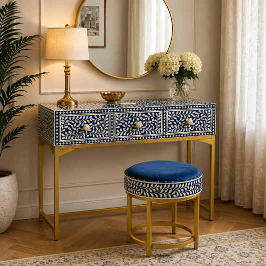 Azure Vine Bone Inlay Console Table with Gold Metal Base