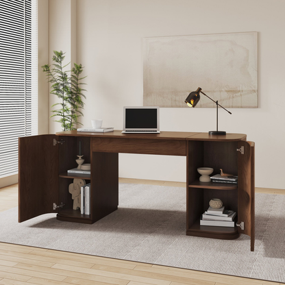 Velign 60" Walnut Standing Computer Desk with 2-Door Storage Cabinet