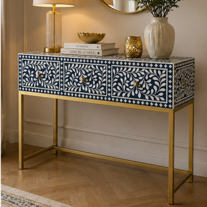 Azure Vine Bone Inlay Console Table with Gold Metal Base