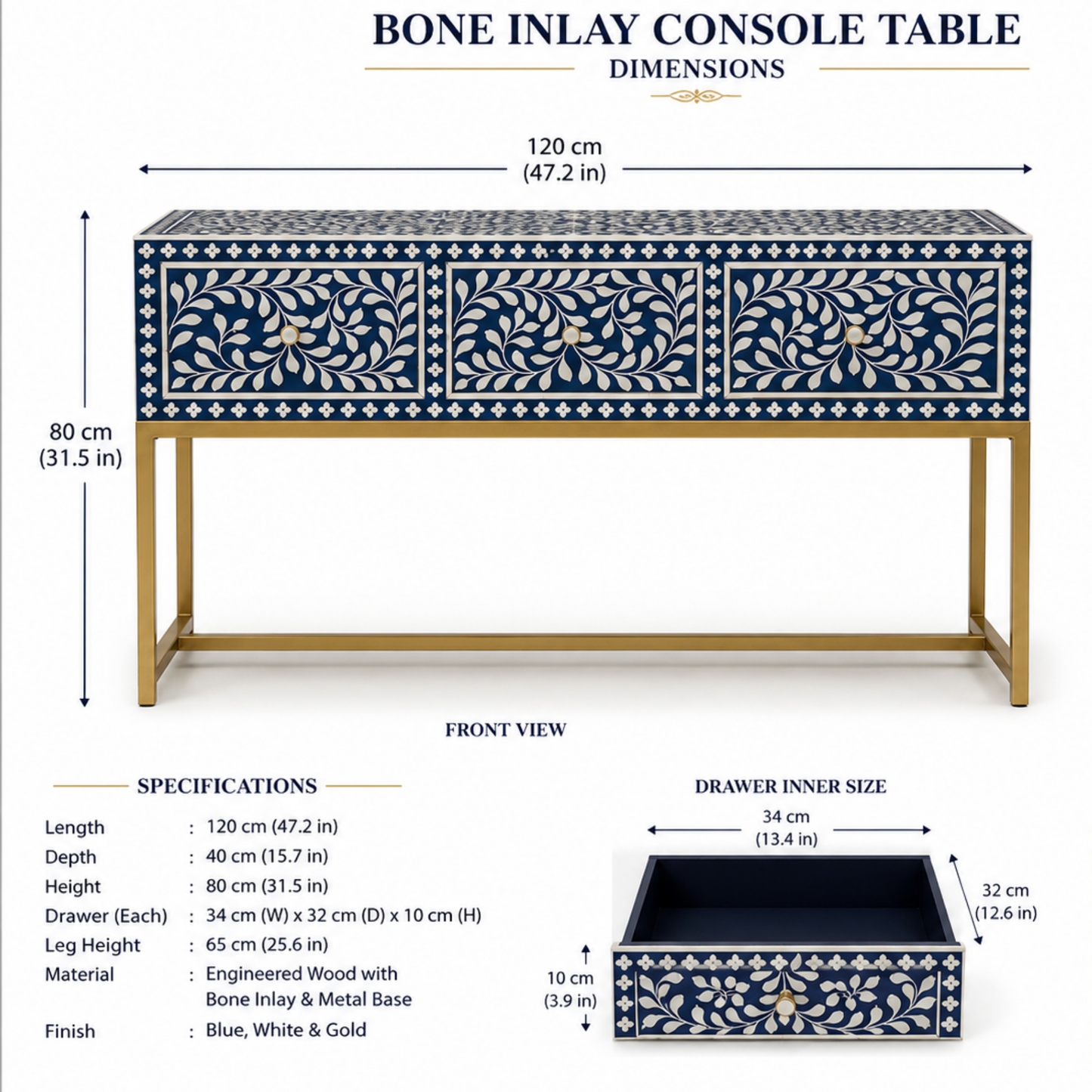 Azure Vine Bone Inlay Console Table with Gold Metal Base
