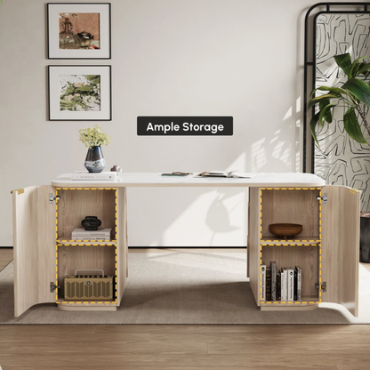 Modern 64" Rounded Edge Whitewash Sintered Stone Desk with Dual Storage
