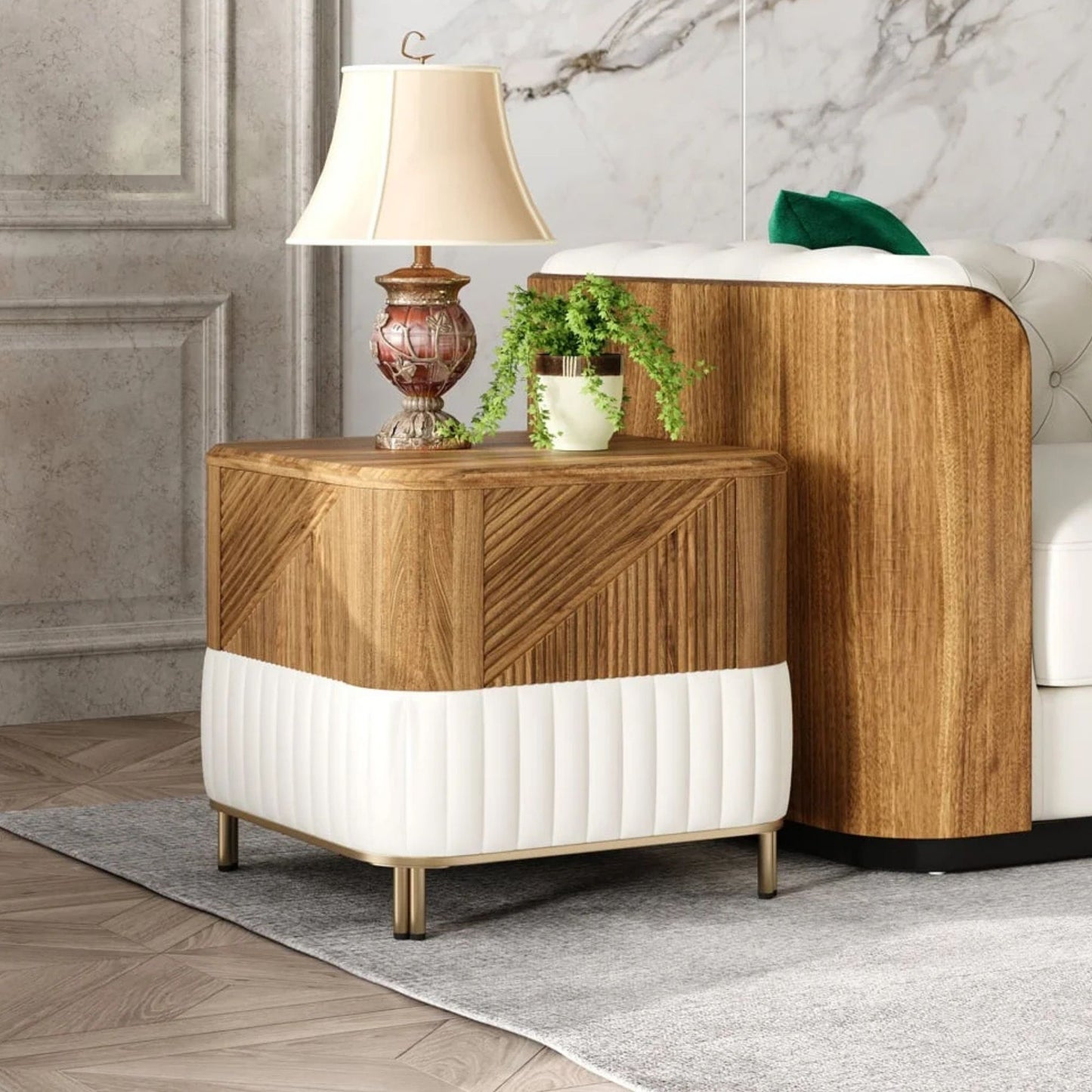 Modern Wood & White Nightstand with Storage Cabinet