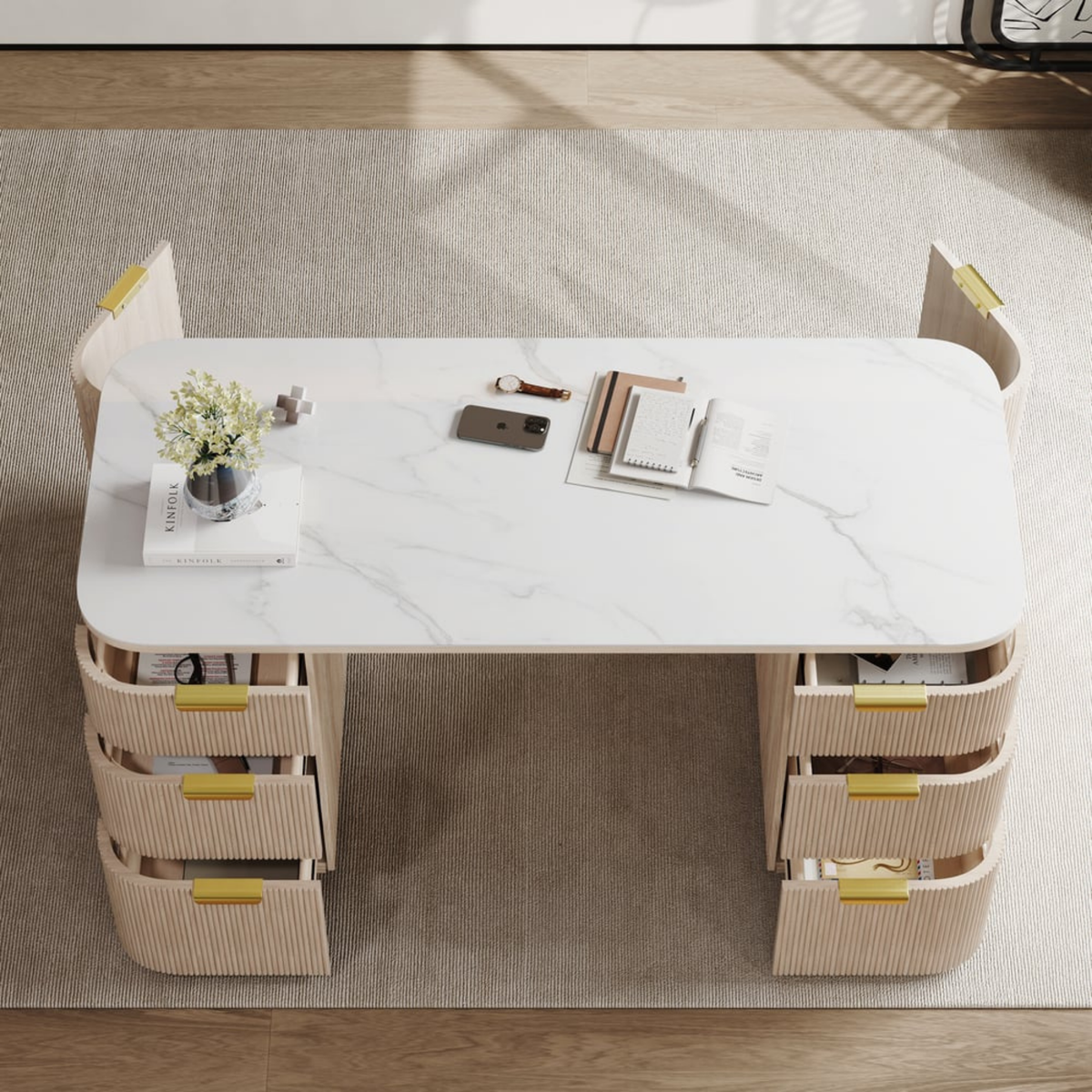 Modern 64" Rounded Edge Whitewash Sintered Stone Desk with Dual Storage