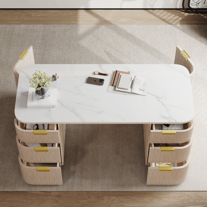 Modern 64" Rounded Edge Whitewash Sintered Stone Desk with Dual Storage