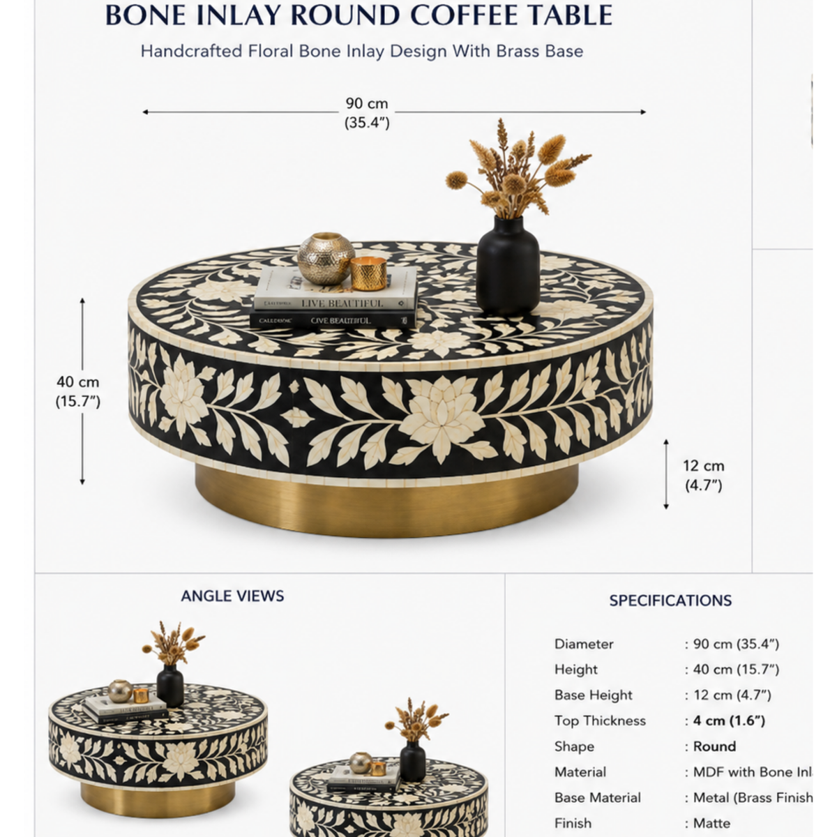 Noir Blossom Bone Inlay Coffee Table