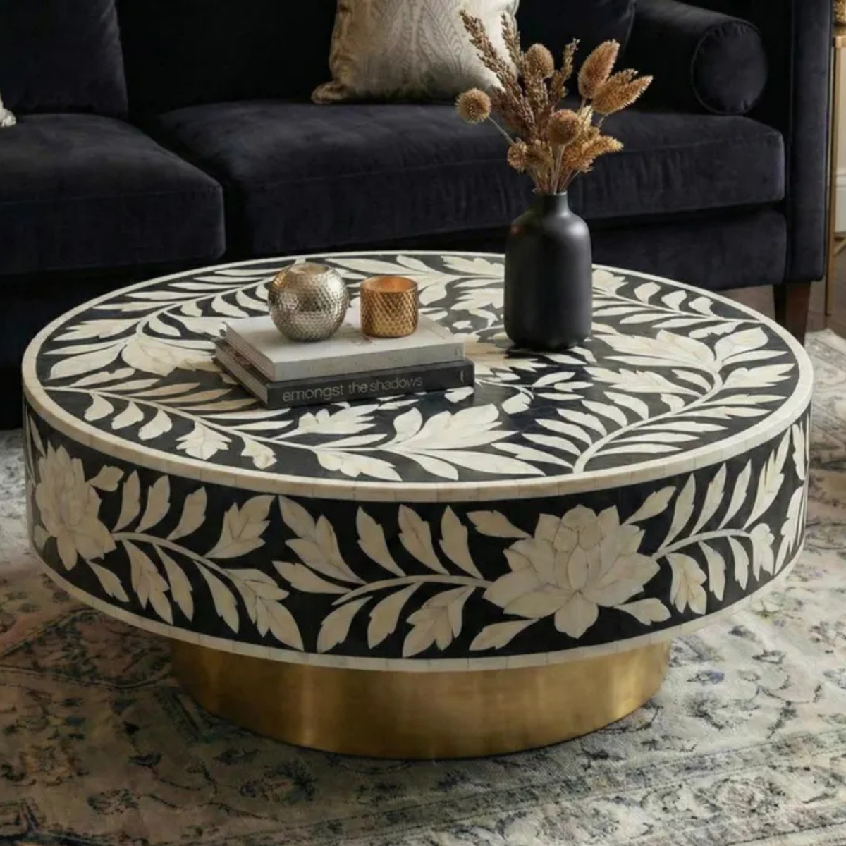 Noir Blossom Bone Inlay Coffee Table