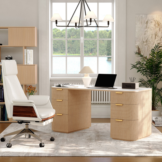 Modern 64" Rounded Edge Whitewash Sintered Stone Desk with Dual Storage