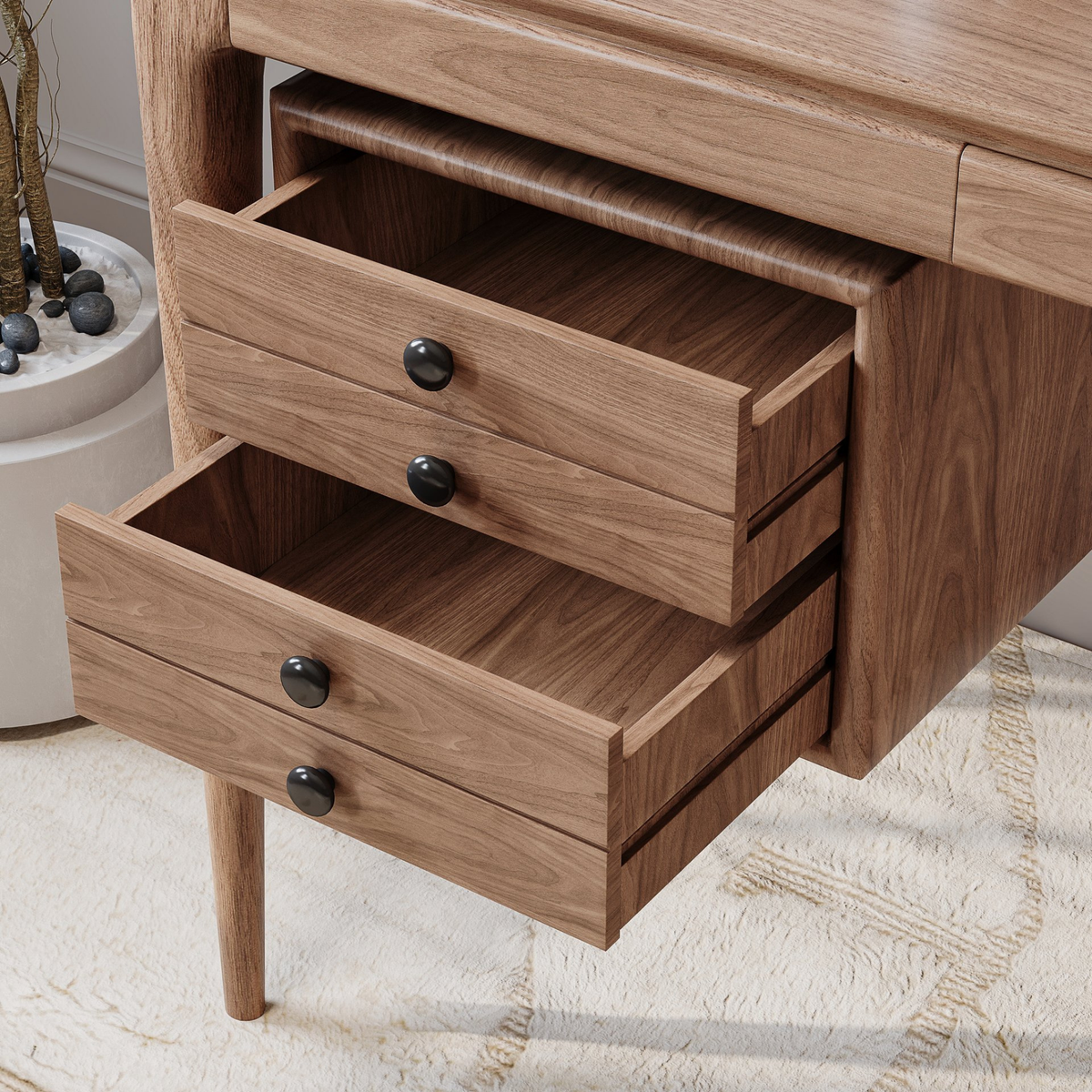 Mid-Century Modern 55" Rectangular Walnut Ash Wood Desk with 3 Drawers
