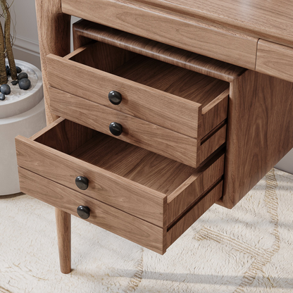 Mid-Century Modern 55" Rectangular Walnut Ash Wood Desk with 3 Drawers