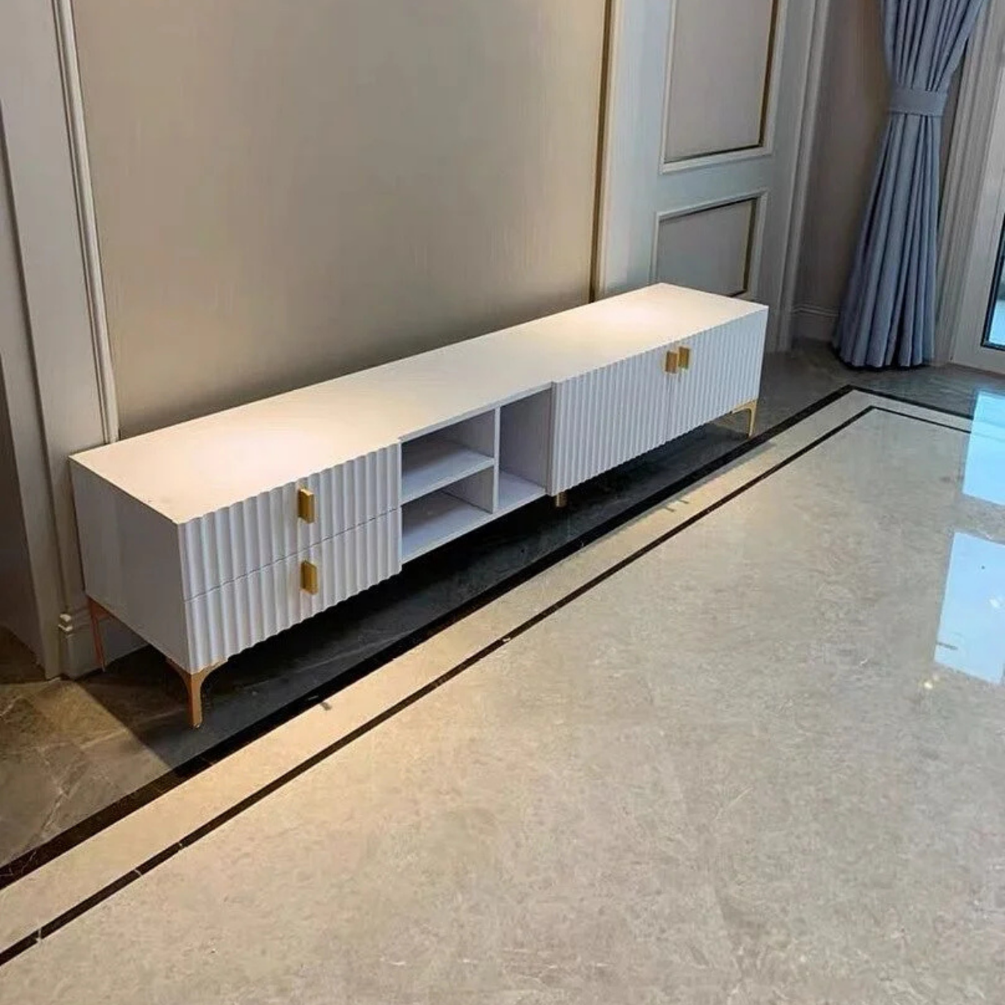 Modern Fluted TV Stand with Gold Accents