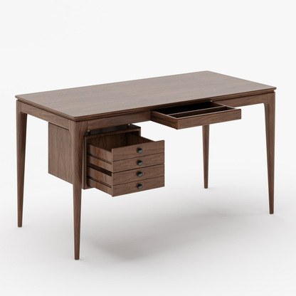 Mid-Century Modern 55" Rectangular Walnut Ash Wood Desk with 3 Drawers