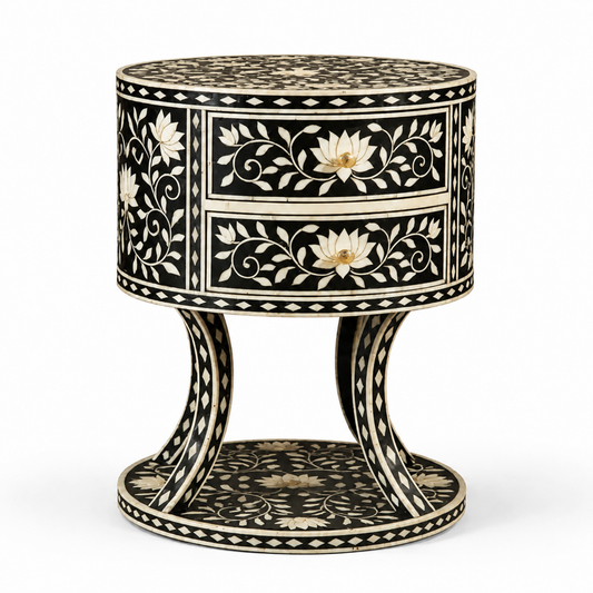 Lotus Inlay Round Bedside Table