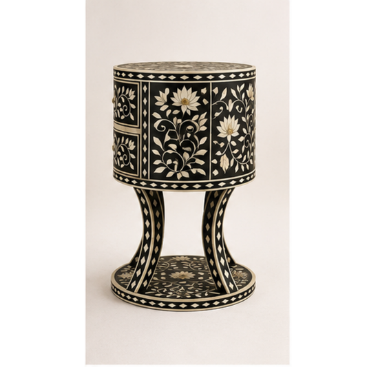 Lotus Inlay Round Bedside Table