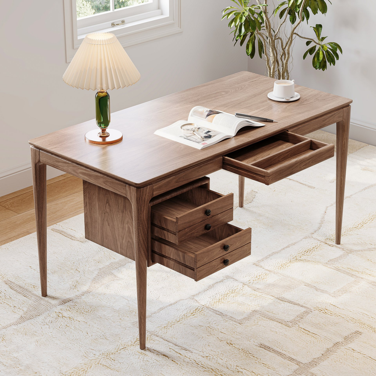 Mid-Century Modern 55" Rectangular Walnut Ash Wood Desk with 3 Drawers