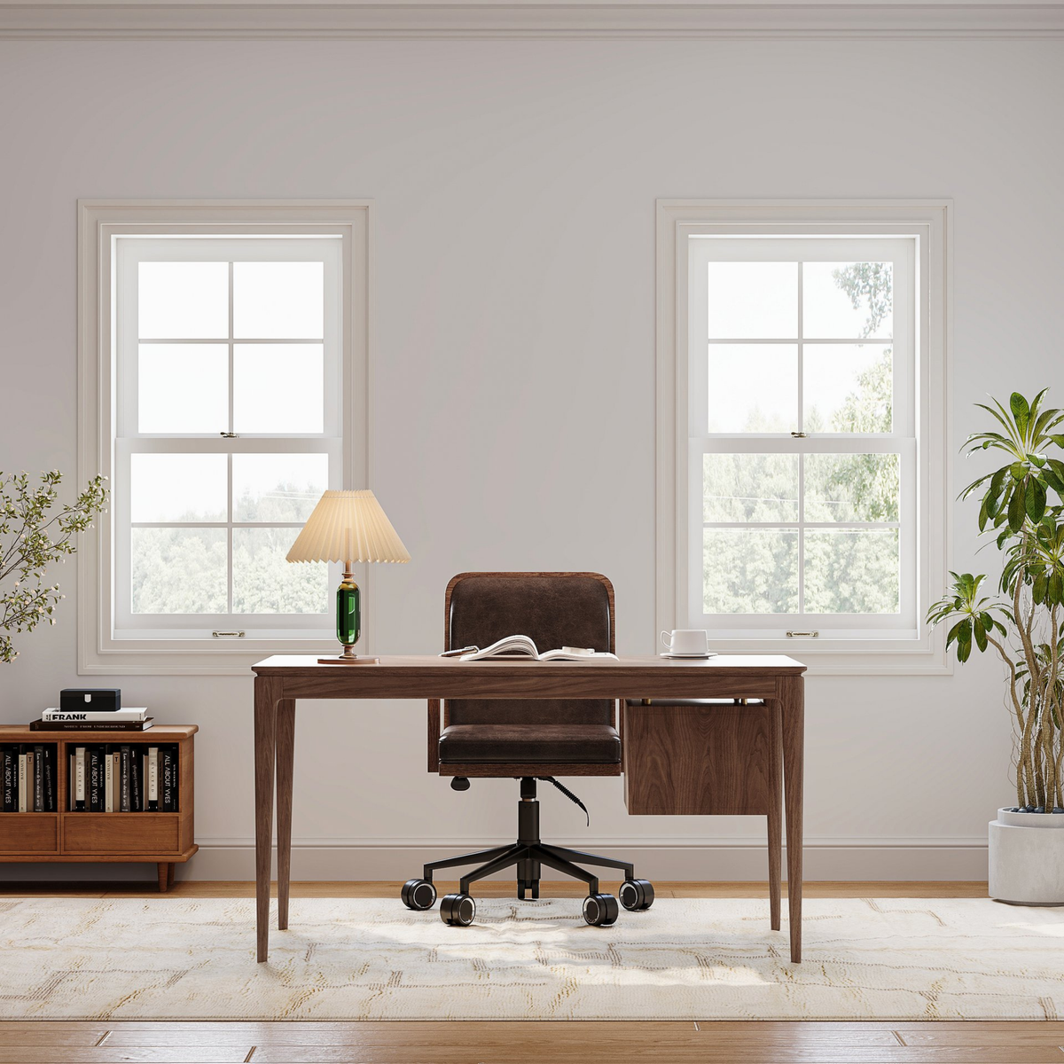 Mid-Century Modern 55" Rectangular Walnut Ash Wood Desk with 3 Drawers