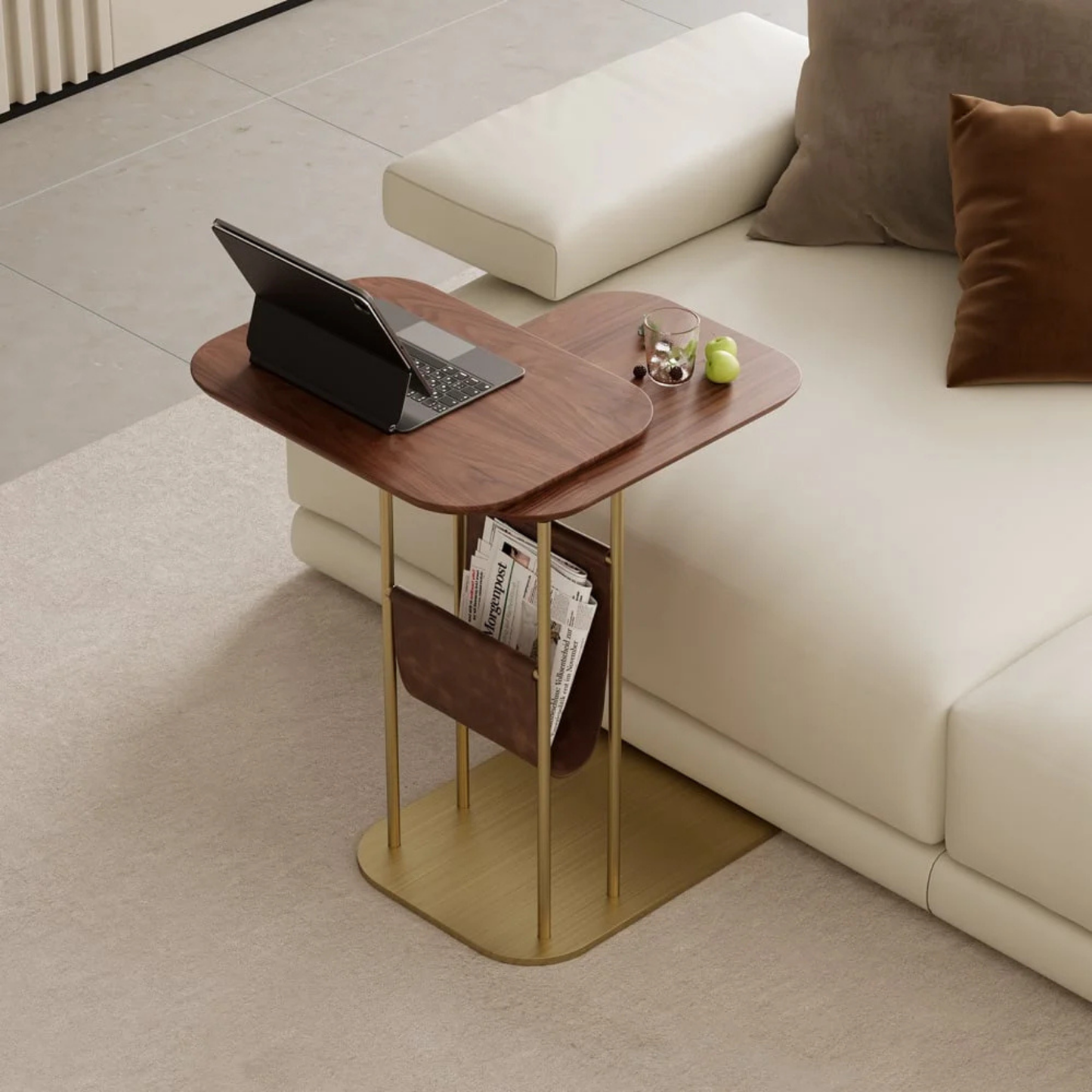 Rotating C-Shaped Side Table with Magazine Rack