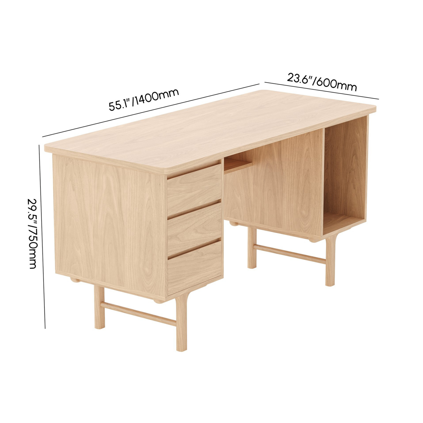 55.1" Mid-century Style Natural Wood Home Office Desk with 3 Drawers