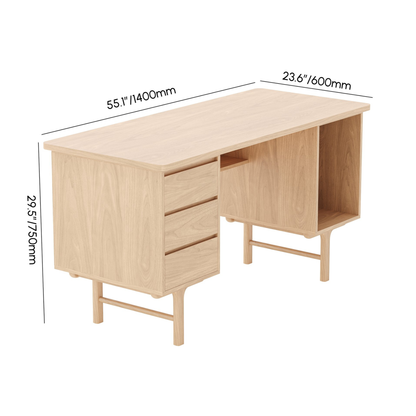 55.1" Mid-century Style Natural Wood Home Office Desk with 3 Drawers