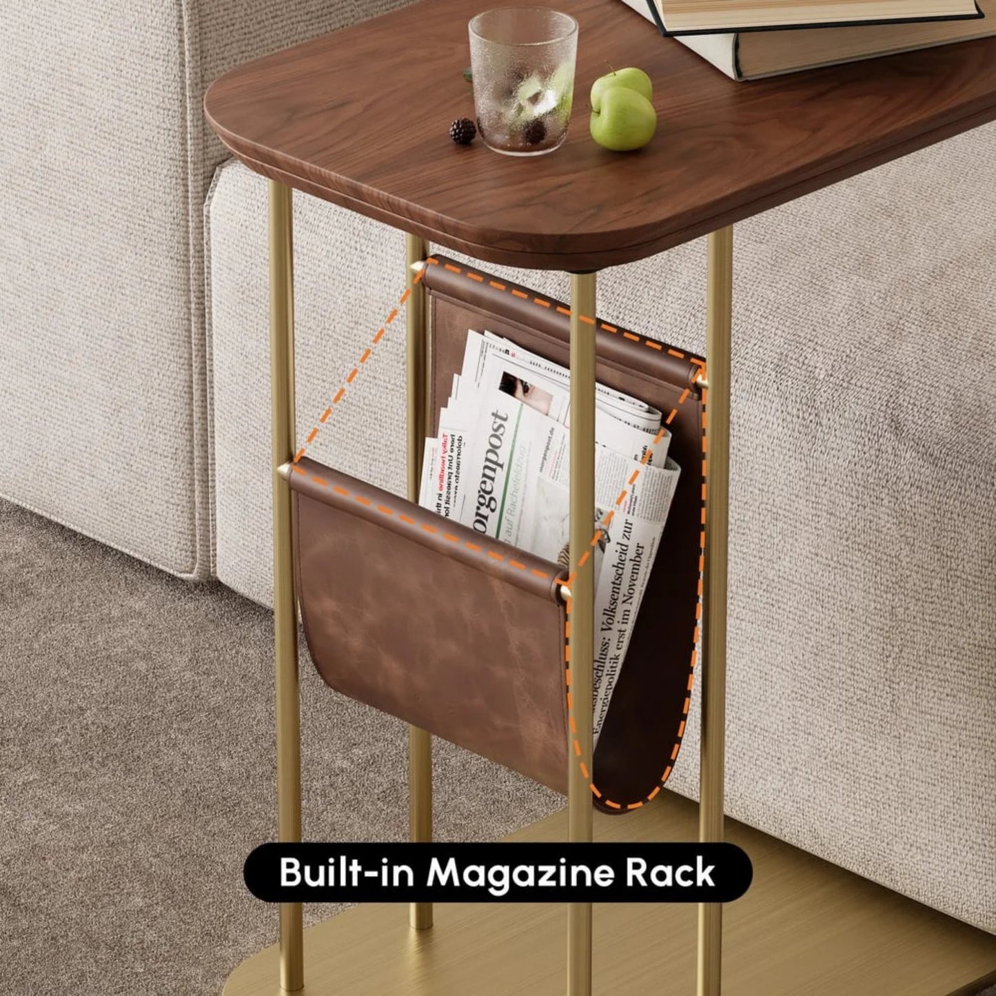 Rotating C-Shaped Side Table with Magazine Rack