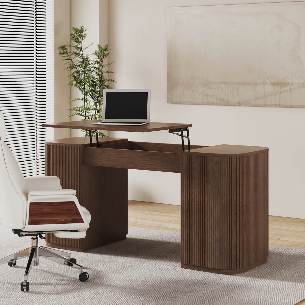Velign 60" Walnut Standing Computer Desk with 2-Door Storage Cabinet