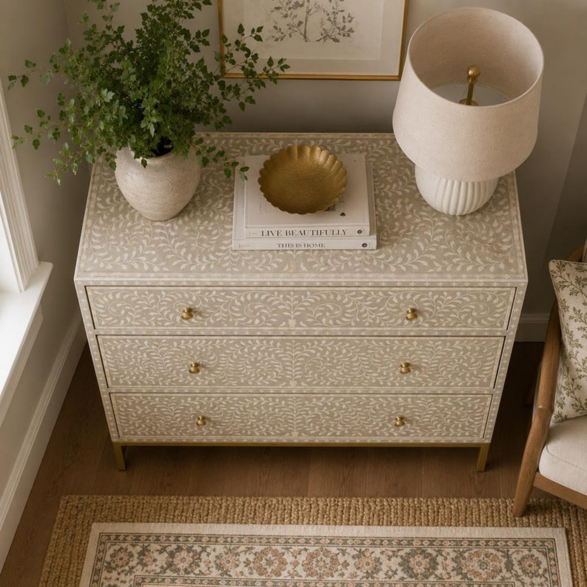Ivory Bloom Bone Inlay 3-Drawer Chest
