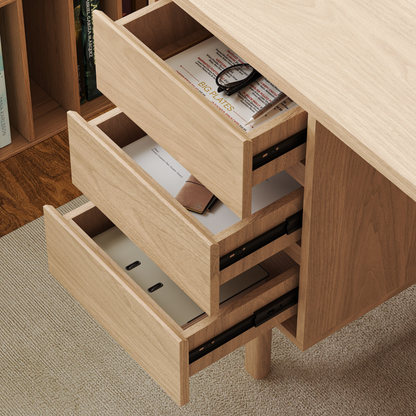 55.1" Mid-century Style Natural Wood Home Office Desk with 3 Drawers