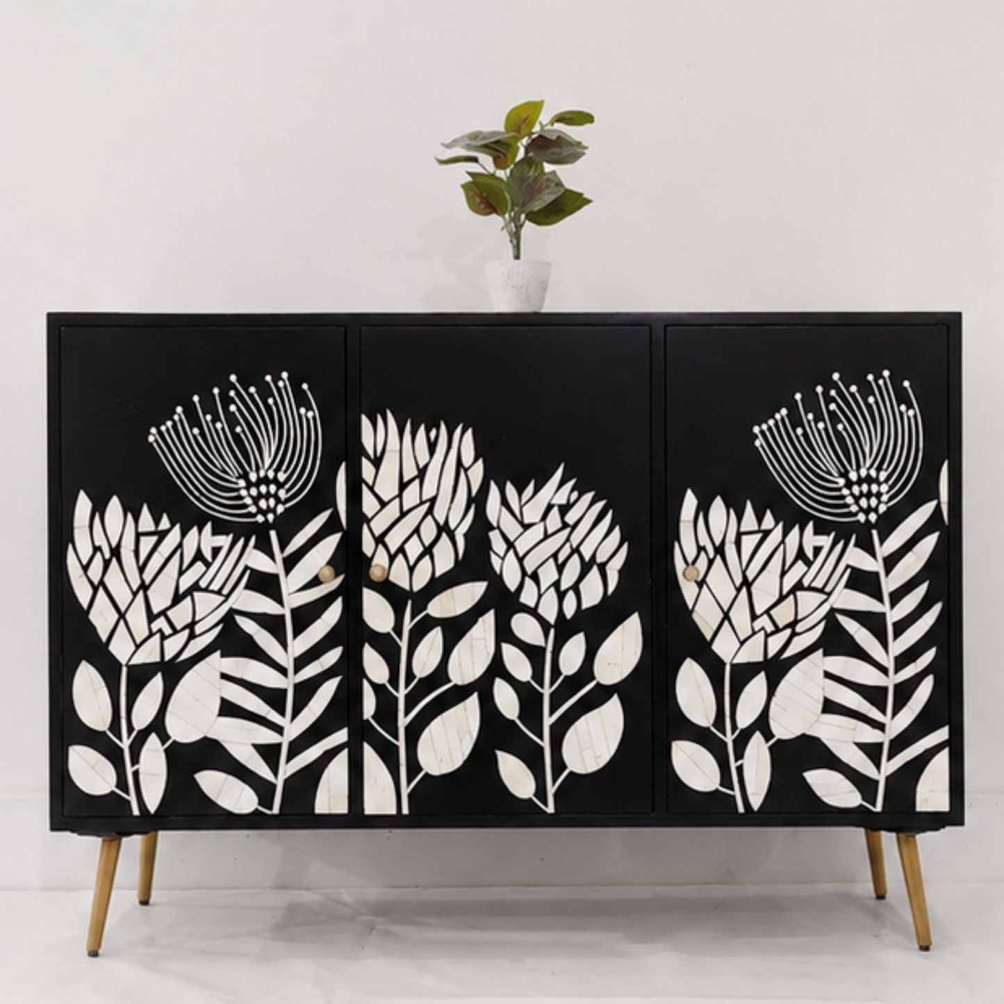 Botanical Noir Bone Inlay Sideboard Cabinet