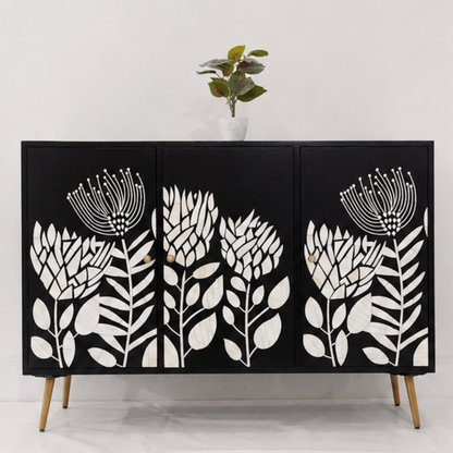 Botanical Noir Bone Inlay Sideboard Cabinet