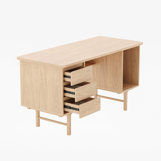 55.1" Mid-century Style Natural Wood Home Office Desk with 3 Drawers