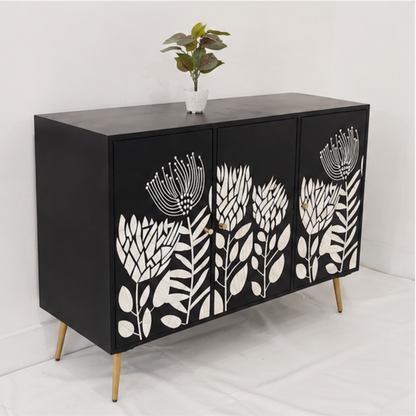 Botanical Noir Bone Inlay Sideboard Cabinet