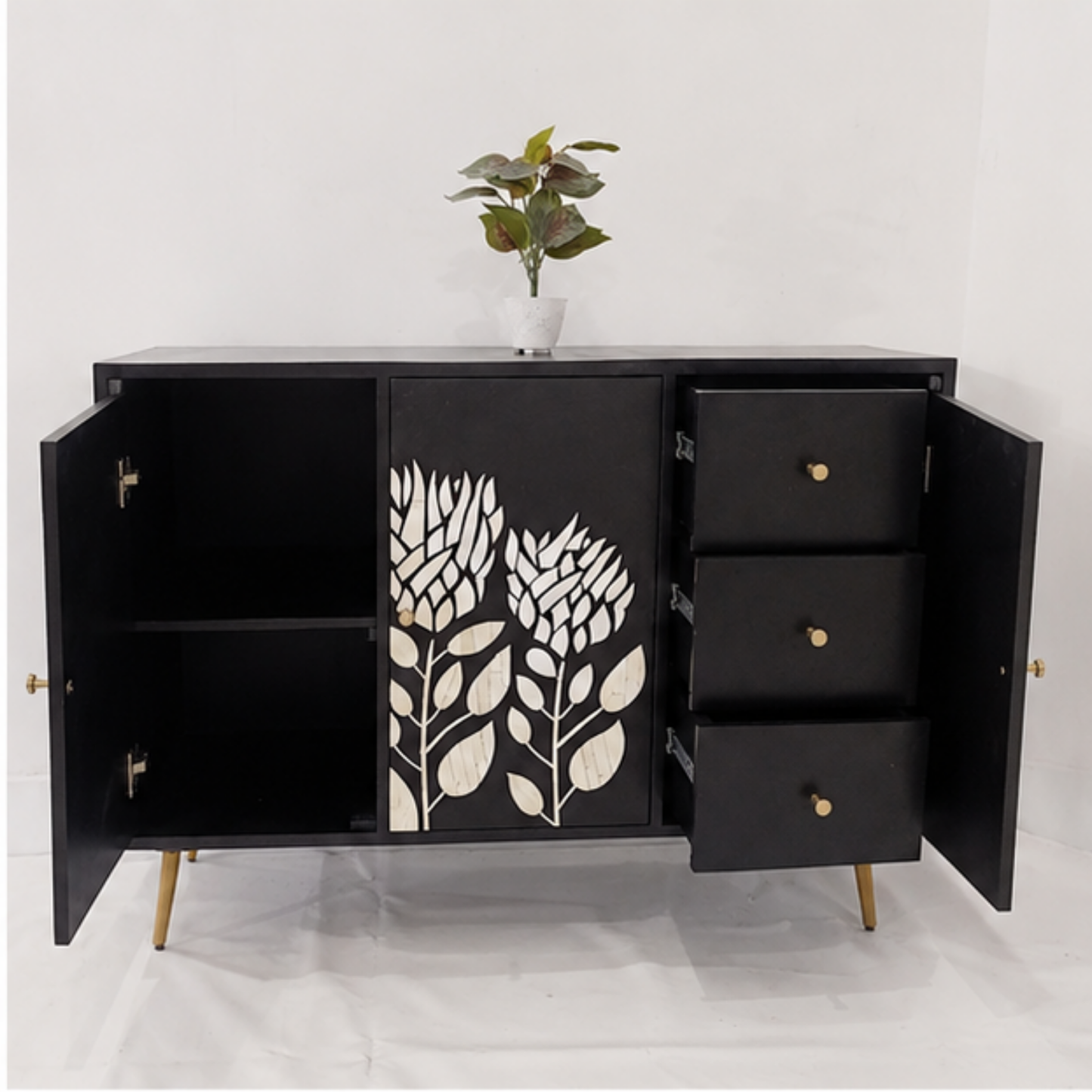 Botanical Noir Bone Inlay Sideboard Cabinet
