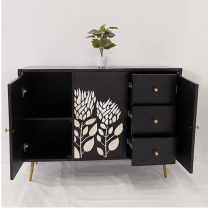 Botanical Noir Bone Inlay Sideboard Cabinet