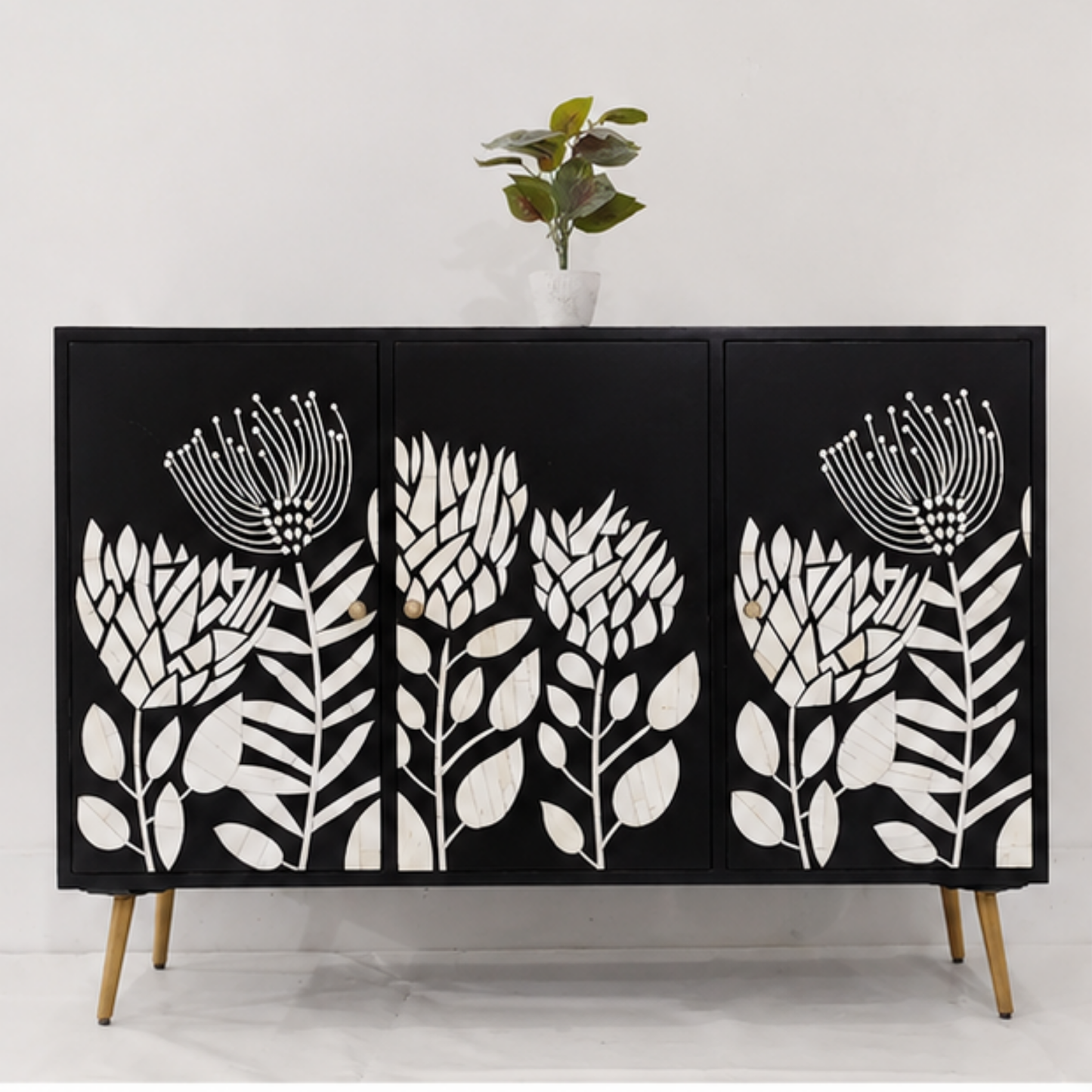 Botanical Noir Bone Inlay Sideboard Cabinet