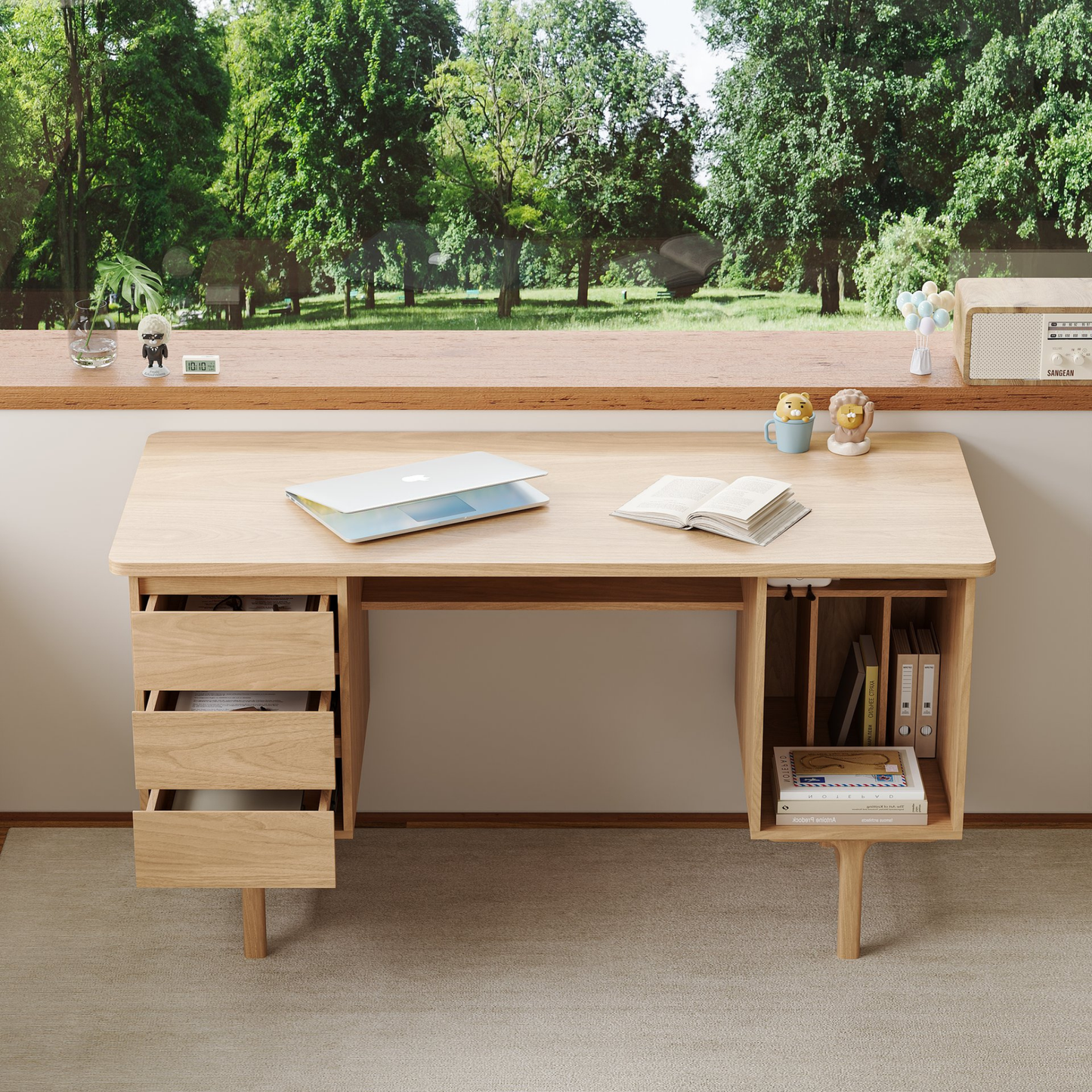 55.1" Mid-century Style Natural Wood Home Office Desk with 3 Drawers
