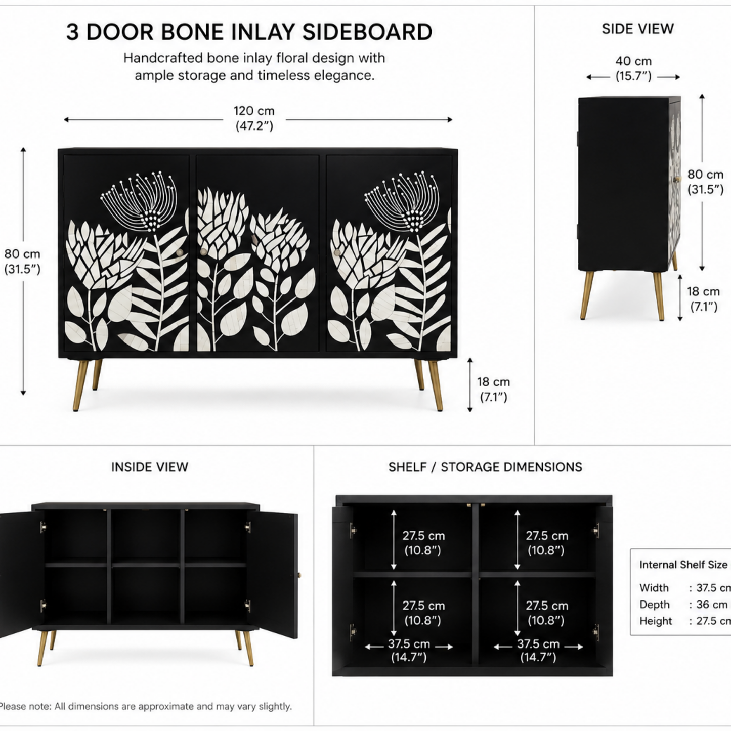 Botanical Noir Bone Inlay Sideboard Cabinet