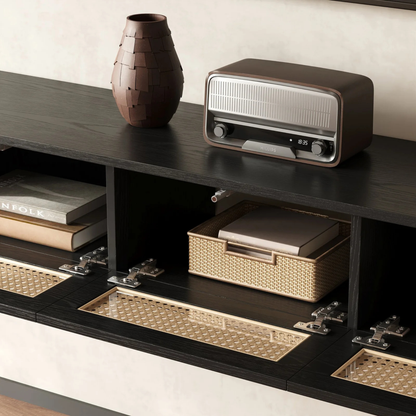 Modern Floating TV Stand with Rattan Accents