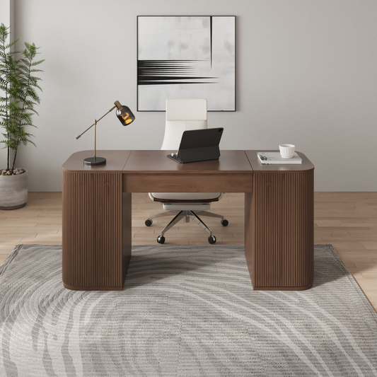 Velign 60" Walnut Standing Computer Desk with 2-Door Storage Cabinet