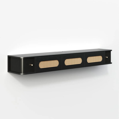 Modern Floating TV Stand with Rattan Accents